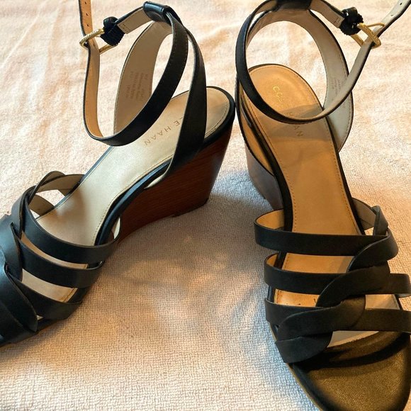 Cole Haan Women’s Myra Wedge Sandals,  Braided Strappy, Black Leather, 7.5 - Picture 2 of 4